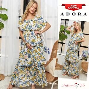 ADORA Layered Floral Print Off Shoulder Short Sleeves Ruffle Maxi Dress | Navy